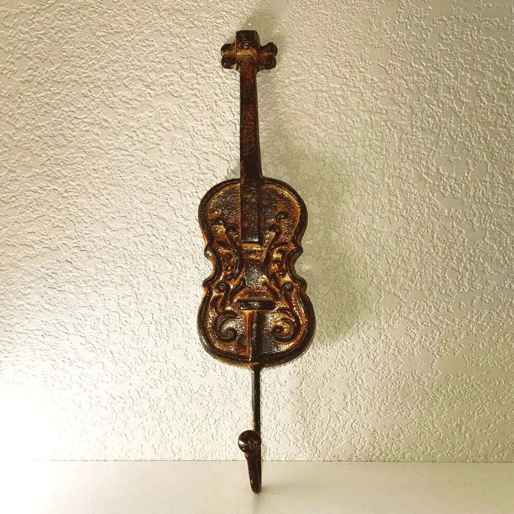 Vintage Cast Iron Violin Wall Hook – Rustic Bronze Patina – Music Room Decor